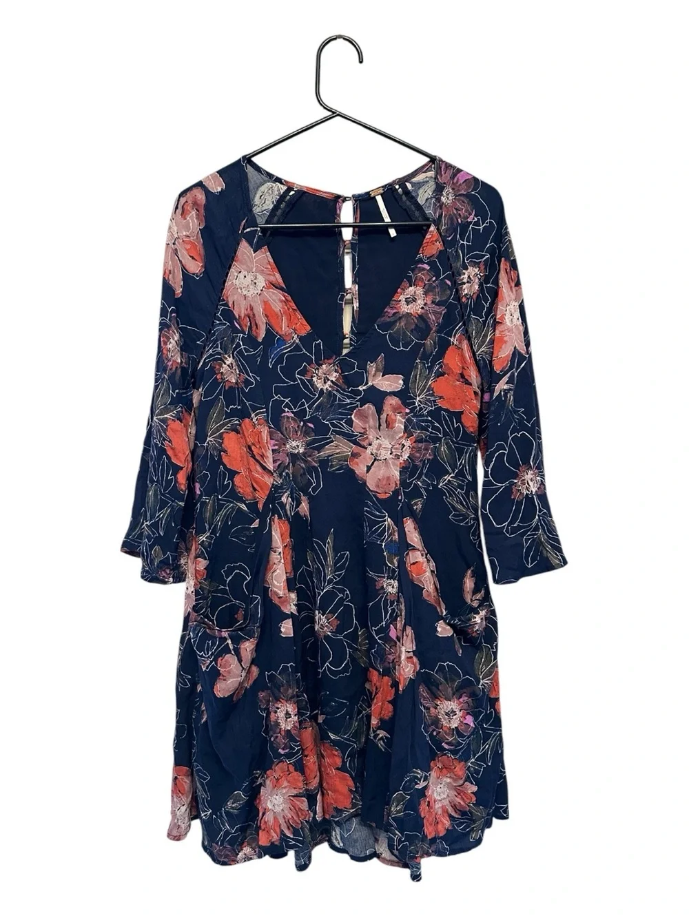Free People Navy Floral Mini Dress with Coral Blooms Size 2 - Picture 1 of 5